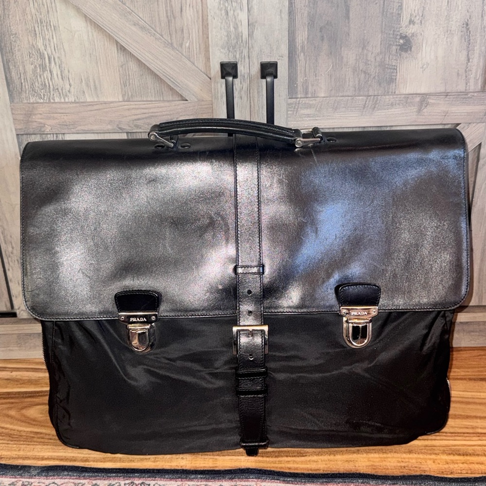 Prada Black Leather Briefcase with Double-Gusset Design